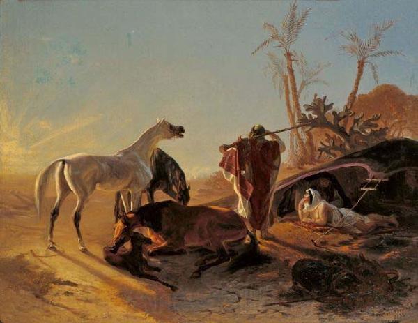 unknow artist Rastendes Beduinenpaar mit Araberpferden France oil painting art